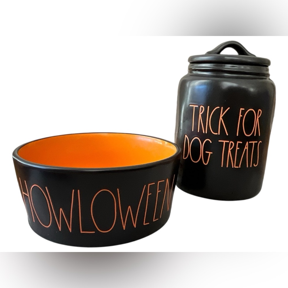 Rae Dunn Halloween Dog Bowl & Treat Canister Set “HOWLOWEEN” Black Orange
